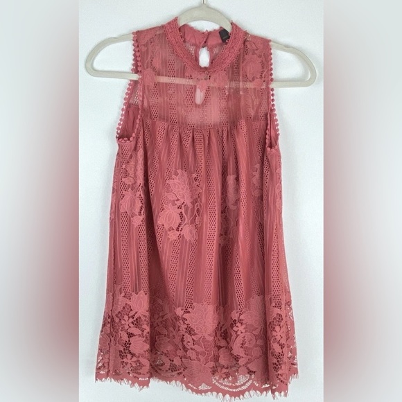 Worthington Blouse High Neck Lace Sheer Mauve Pink Chic Lace Sleeveless Small - Picture 1 of 9